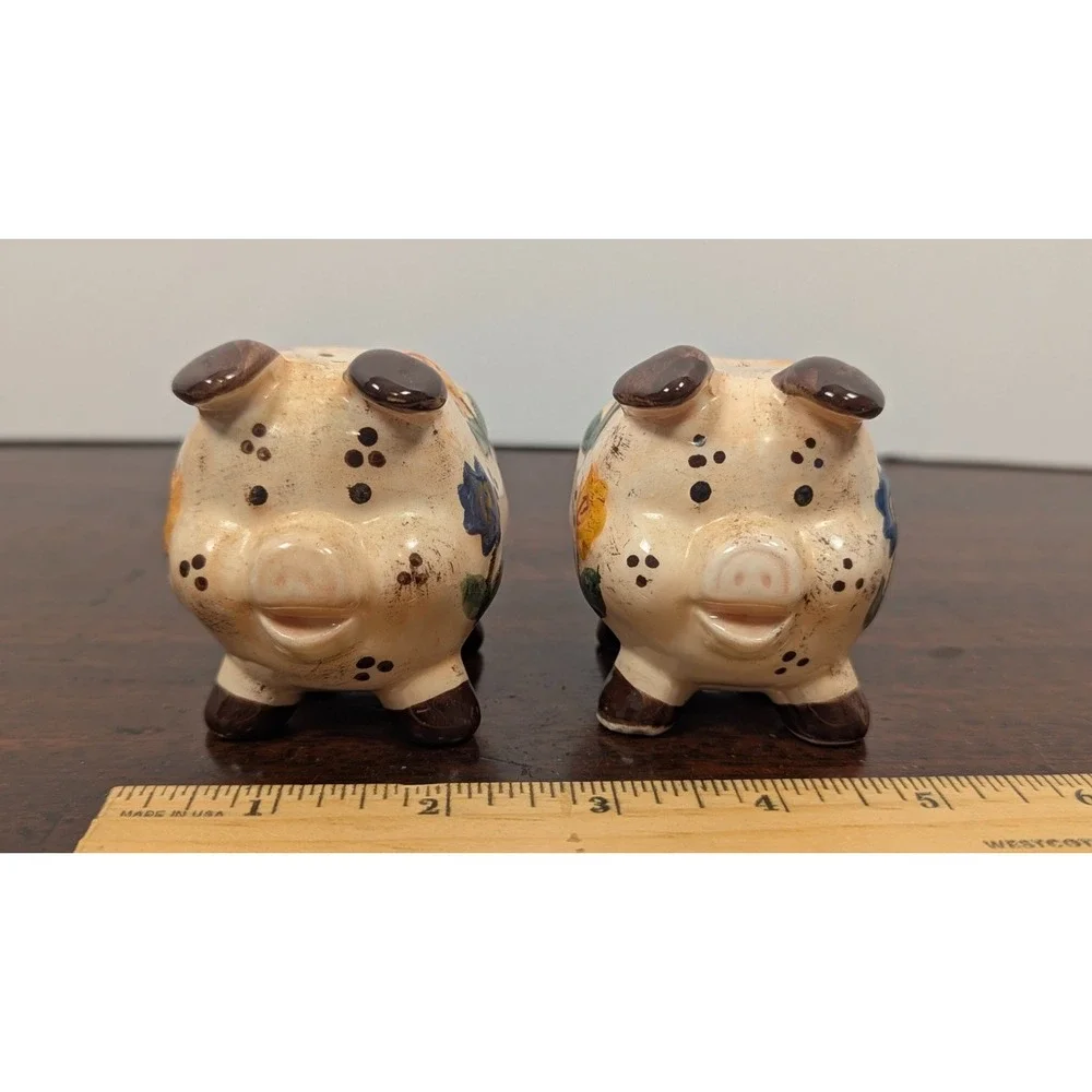 Vintage Ceramic Pig Salt & Pepper Shakers Floral Farmhouse Kitsch Pair 3